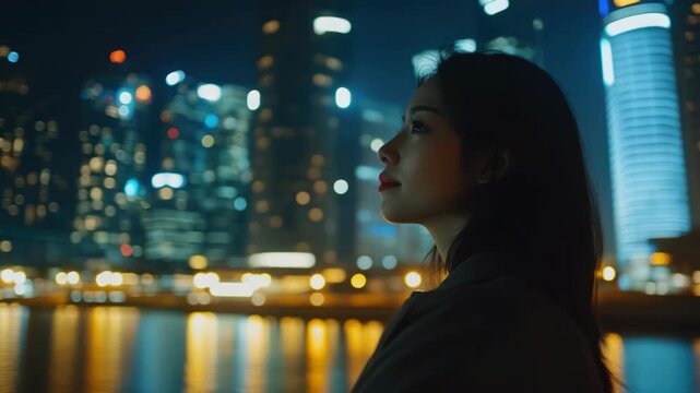 Girl gazes out over river at night.