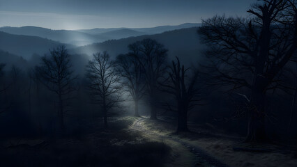 Mysterious foggy forest landscape with bare trees and misty hills