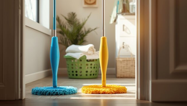 Two mops are drying in the laundry room for indoor and outdoor floor cleaning