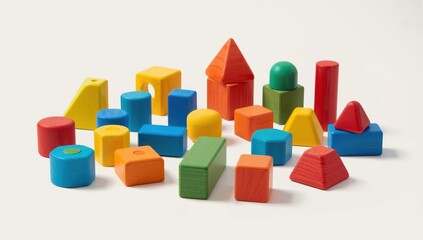 Obraz premium Vibrant building blocks. Kids’ wooden playthings. Toy on light backdrop