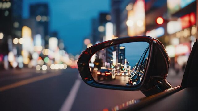 Night city driving view from car side mirror with bokeh lights