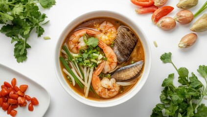 White bowl of seafood noodle soup, overhead shot on white backdrop