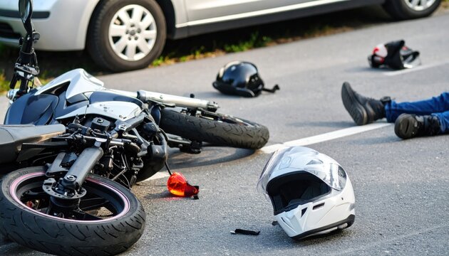 Motorcycle Accident Scene with Fallen Bike, Helmets, and Injured Person on Road Near Car