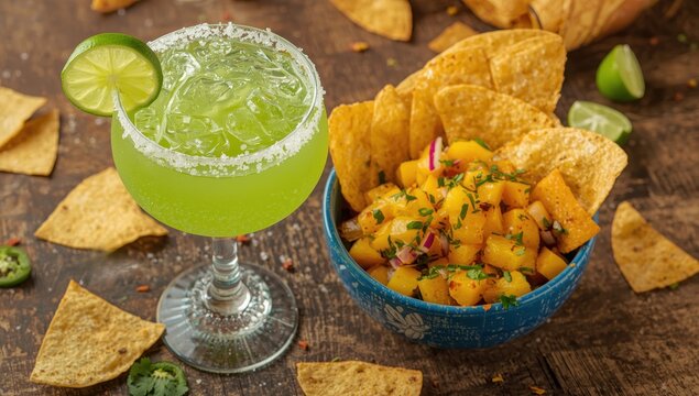 Zesty margarita paired with fresh mango salsa and homemade tortilla chips