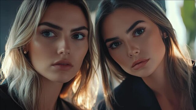 Two women, possibly sisters, are shown in a close-up portrait with one mirrored to give the appearance of two identical faces. They gaze at each other, embodying a sense of reflection and connection.