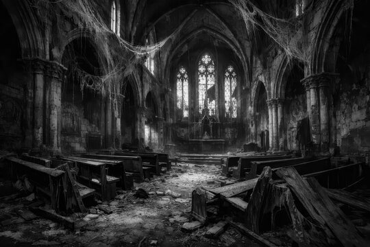broad perspective of a deserted cathedral's interior in monochrome