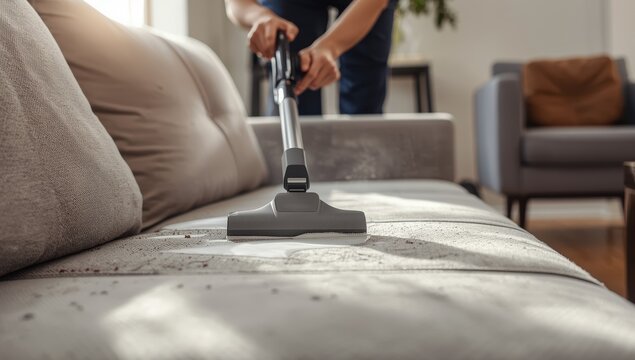 Housekeeper using a modern vacuum cleaner to clean a dirty sofa with professional detergent. Home spring cleaning idea