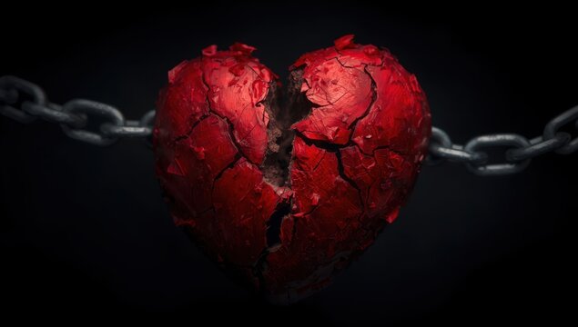 distorted, unclear shattered red heart and chain link on black backdrop