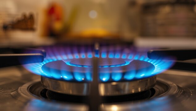 Zoomed-in view of blue flames from a kitchen gas stove. Propane flames burning. Gas supply issues and news. Worldwide gas crisis and price increase