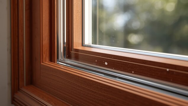 Close-up of a window frame featuring triple glazing, with the gaps between panes filled with an inert gas like argon or krypton