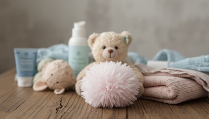 Infant beauty items, bath sponge, and plush bear with towel on a wooden surface inside. Room for text