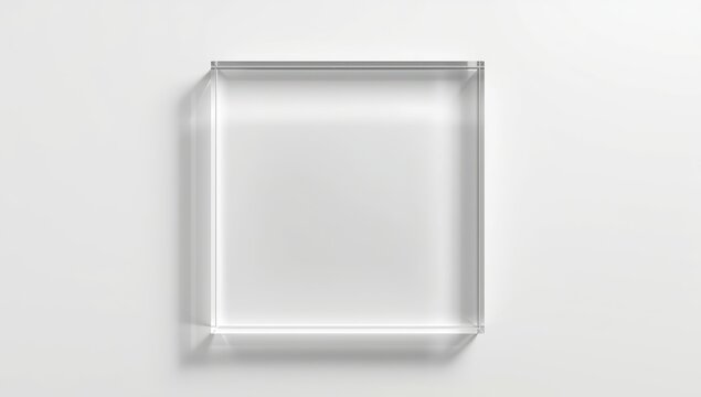 empty acrylic cube on white surface, overhead perspective