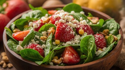 Vibrant salad featuring strawberries, spinach, corn, walnuts, and goat cheese. Nutritious meal idea