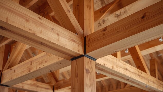 Detailed view of new home building, large glued laminated beams joined with black metal brackets