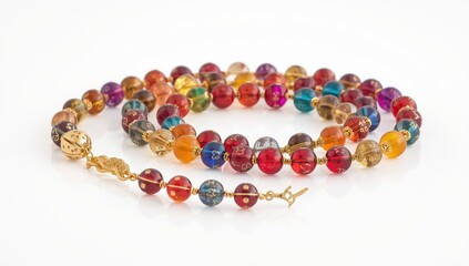 Short rosary with colorful gold beads, significant to Turkish culture, set against a white background