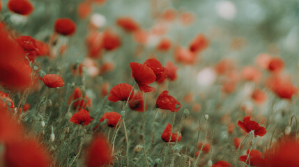 sedative. Field of poppy flowers swaying in gentle breeze, botanical tranquility scene. gardening catalogs, home-decor guides, designed for home decor and floral branding.
