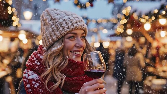 Happy woman smiling and drinking in winter wonderland outdoor market with festive lights and falling snow