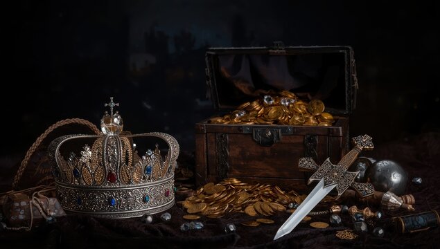 subtle depiction of a majestic crown, an open chest filled with riches and a sword, set in a fantasy medieval era