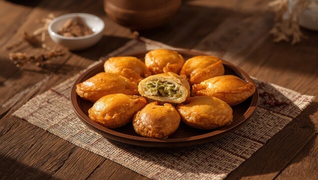 A dish of cucur badak is on the table. This Malaysian dessert consists of sweet potatoes filled with flavored shredded coconut