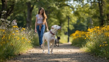 Fototapeta premium A light-colored dog with yellow eyes sits by its owner's legs, gazing up at him, while a girl walks nearby