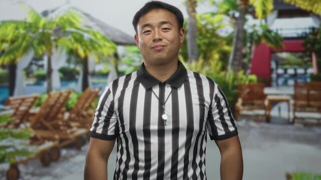 Referee man wearing a striped shirt and whistle points finger at camera in building lobby by a poolside; authority.