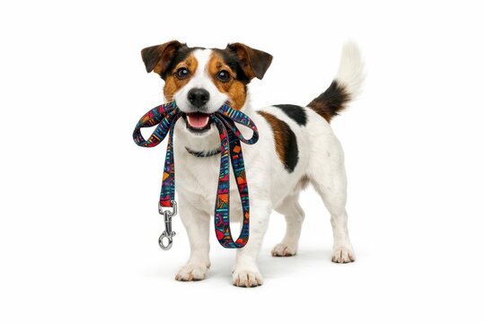 A Jack Russell Terrier with a leash in its mouth on a white backdrop signals its owner for a walk