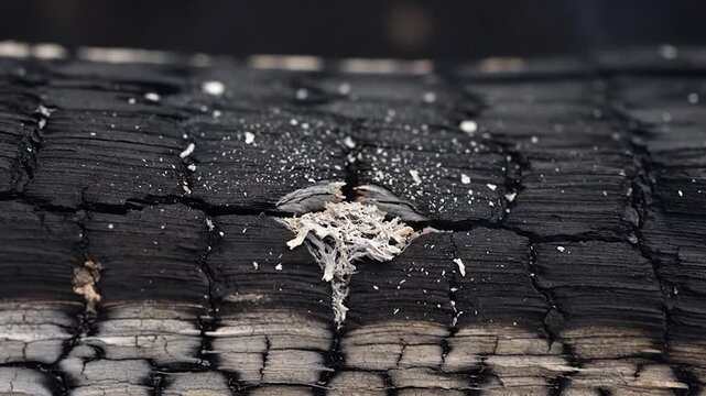 Charred wood with glowing red ember in a crack close up detail of burning material creating heat and texture
