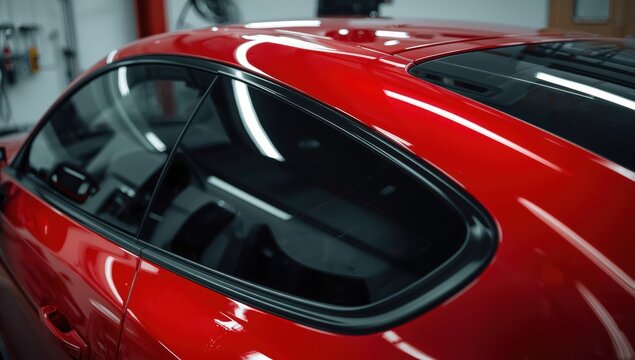 Detailed view of tinted car window. Ceramic film offers heat and UV protection with consistent color. Film applied to the glass of a red vehicle. Background of expert tinting service