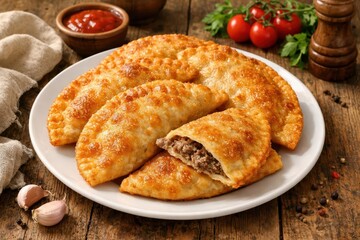 Substantial meal: Large meat-filled chebureks on a white plate atop a wooden table. Close-up of meat pastries