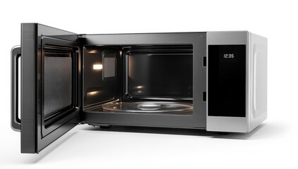 Obraz premium microwave oven ajar on a white backdrop