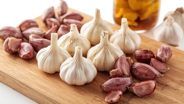 Collection of unpeeled and peeled garlic cloves on a wooden cutting board against a white background, featuring cream and violet skins