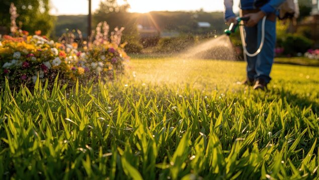 Using a garden sprayer to treat grass for ticks and mosquitoes. Controlling insect pests