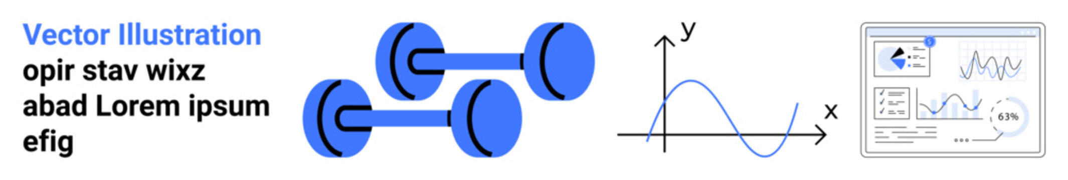 Analytics, fitness tracking, data visualization, research tools, statistical graphs, performance measurement. Blue dumbbells, graph and data dashboard. Data visualization and fitness tracking
