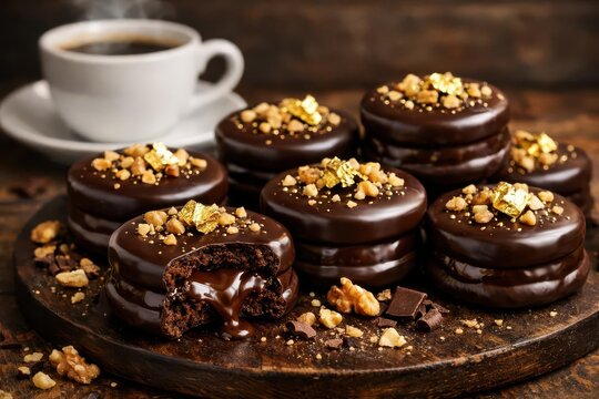 Alfajores with dark chocolate, creamy ganache filling, semisweet coating, topped with walnuts and gold foil