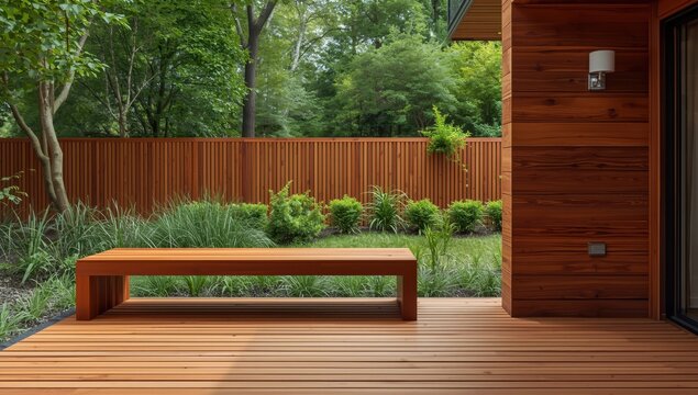 Wooden deck, bench, and cladding with a garden view featuring brown and green elements
