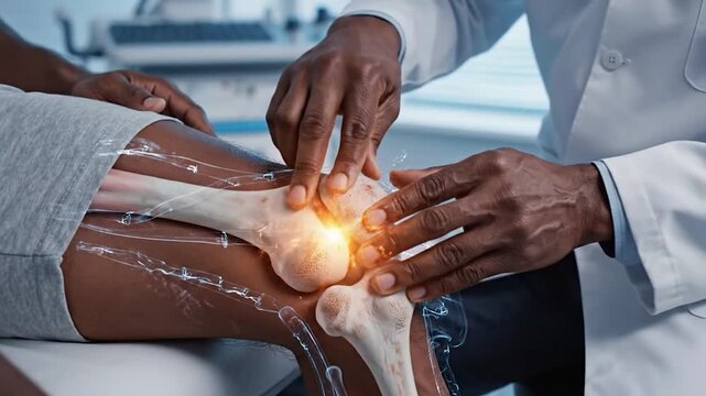 Digital medical examination of knee joint with futuristic overlay for healthcare and diagnosis