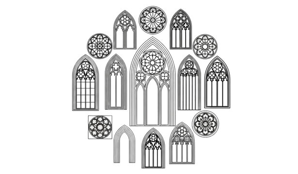 Traditional European Gothic Church Window and Medieval Arch Silhouette Vector Set