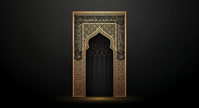 Luxurious golden Islamic arch design featuring detailed Arabic calligraphy and elegant geometric patterns on a sophisticated dark background. Ideal for Ramadan, Eid Mubarak, and religious event