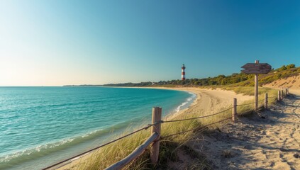 Obraz premium A tranquil shoreline with peaceful turquoise waves, a wooden fence with ropes, and an empty sign. In the distance, a lighthouse towers under a clear blue sky