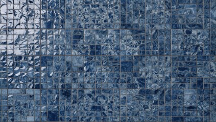 Ceramic mosaic tile backdrop in blue. Stylish vintage tiles for wall or floor decor. Various shades of blue tiles. Interior decoration material