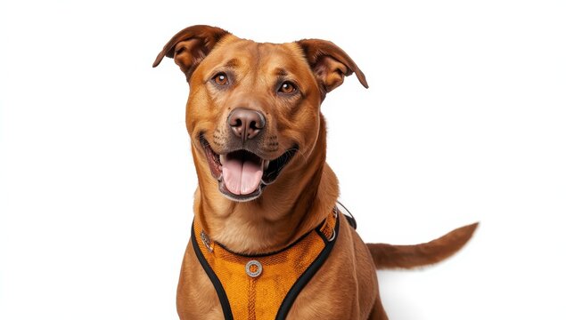 Large brown mixed breed dog in a no-pull harness gazing at the camera with a kind expression