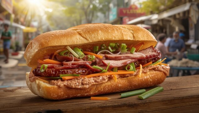 Banh mi thit nguoi, a well-known Vietnamese dish, consists of bread stuffed with sliced pork, pate, sausage, and vegetables like carrot, daikon, and scallion; also called banh mi Saigon