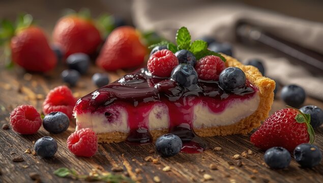 Close-up shot of a fresh blueberry tart with mixed berry sauce, featuring a blurred background