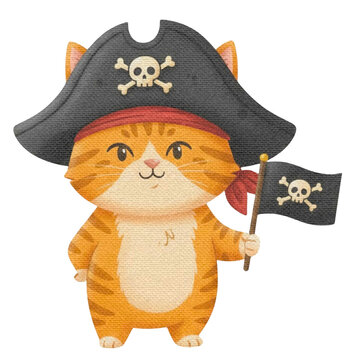 Cute Cartoon Ginger Cat Pirate Character Holding Jolly Roger Flag Illustration