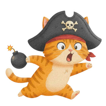 Alarmed Cartoon Pirate Cat Running in Panic with a Lit Bomb - Whimsical Feline Character Illustration
