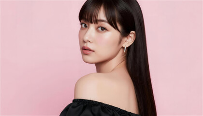 ピンク背景の前で肩を出して振り返る美しい黒髪の女性