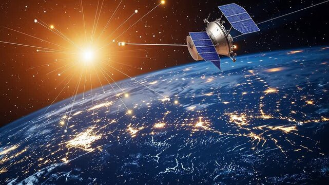 Satellite orbiting Earth with city lights