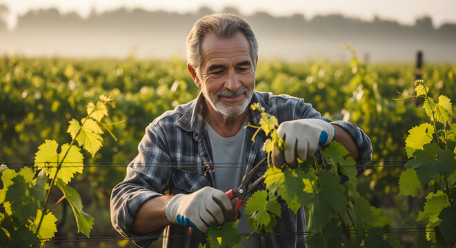 An experienced elderly man carefully trims green grape leaves using shears during a bright morning in the vineyard