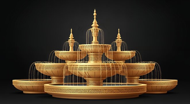 Majestic golden tiered fountain with intricate oriental geometric patterns elegant flowing water on a dark background luxurious decorative art design vector illustration