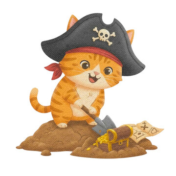 Cute Pirate Cat Illustration Digging for Buried Treasure with Shovel and Map, Gold Coins in Chest &ndash; Playful Feline Adventure Graphic